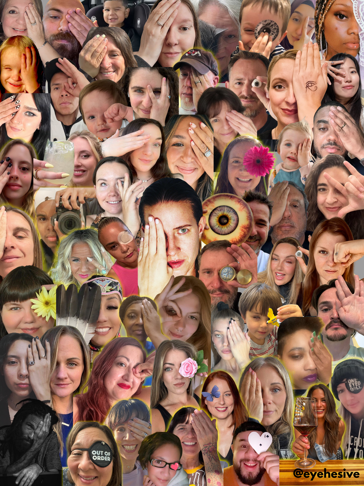 A collage of EYEHESIVE community members each covering one eye